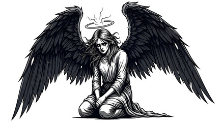 Obraz premium A kneeling angel with dark wings and a halo, depicted in a detailed black and white illustration.