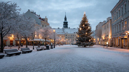 Fototapeta premium Festive Christmas tree brightens snowy town square on beautiful winter evening