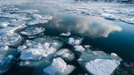 Serene cold landscape with ice floes floating on tranquil blue water surface
