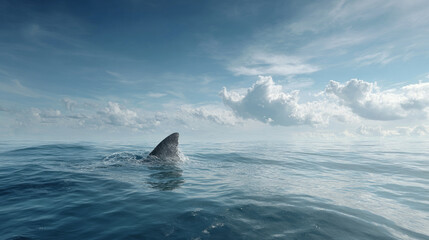 Fototapeta premium Large shark fin cuts through calm ocean water, evoking danger and natural beauty