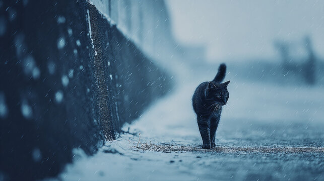 Black cat gracefully walks along snow covered path amidst falling snowflakes, feeling serene