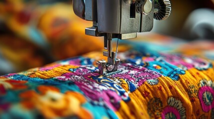 Close-up of a sewing machine needle stitching colorful patterned fabric, highlighting the craft of sewing.
