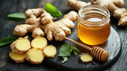 Fresh ginger root and honey, a healthy and delicious combination, displayed on a dark wooden surface.