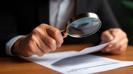 Examining documents with a magnifying glass in hand.
