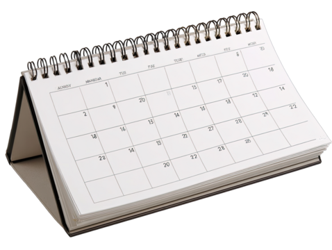 A blank, tabletop calendar, angled slightly, with a spiral binding