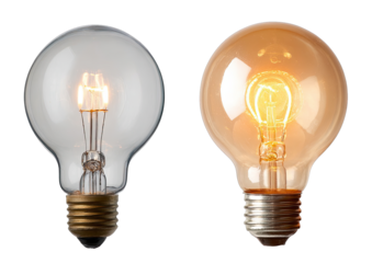 Two round light bulbs, one clear, one amber