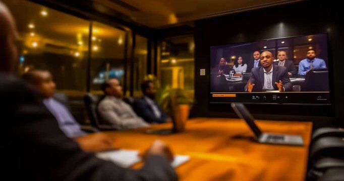 Group video meeting, interpreter providing sign language, large monitor, modern office