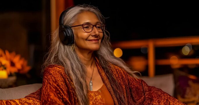 Person with cochlear implant enjoying music with friends, living room gathering, soft evening