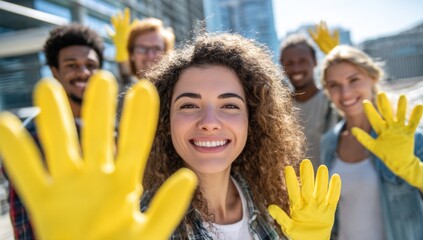 Group of diverse smiling young adults wearing yellow gloves and casual clothing participating in a community cleanup event outdoors on a sunny day