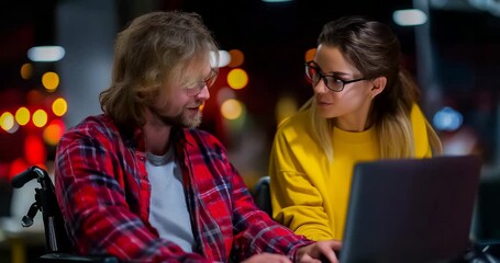 Coworkers collaborating side by side, accessible desks with adaptive technology, modern workspace