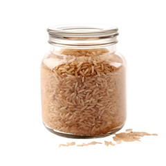 Brown rice in a glass jar some spilled