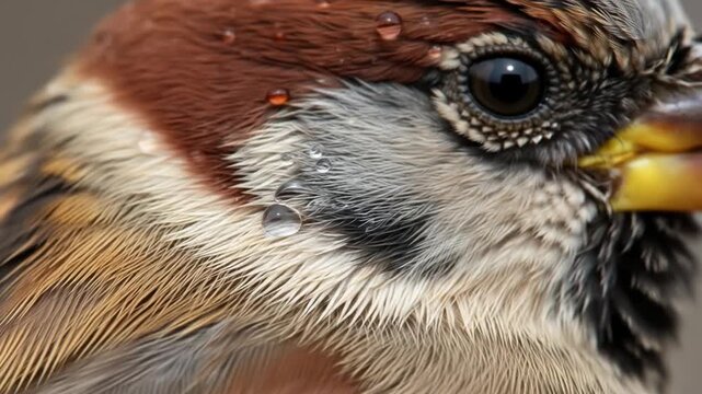 Close-up video featuring a sparrow in detailed macro, showcasing its feathers and water droplets