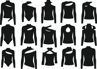 Collection of stylish black long sleeved tops and bodysuits featuring unique cutouts and asymmetrical designs