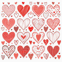 Red Heart Shapes Firefly Set of Twenty Hand-Drawn Hearts in a Grid