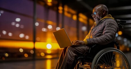 Wheelchair user using laptop in cafe, independent work, vibrant sunlight through windows