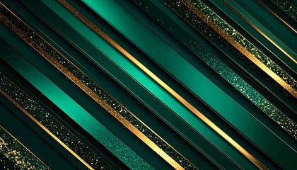 Abstract diagonal stripes of emerald green and gold with glittering accents create a luxurious and modern background pattern.