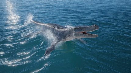 Obraz premium Mosasaurus swimming at ocean surface with mouth open showing teeth in prehistoric marine predator scene during sunny day.