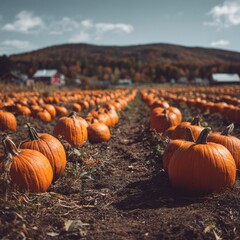 Rows of pumpkins of various sizes spread across a field. -