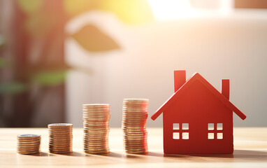 house and coins on white background