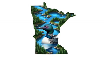 Common Loon Swimming in Blue Lake with Green Pine Trees Inside Minnesota State Silhouette