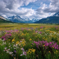 Wildflowers blooming in a lush pasture with distant mountains.