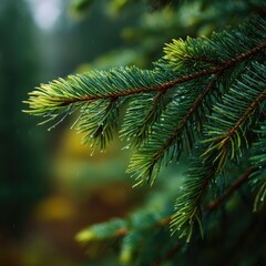 A close-up of fresh green pine needles on a tree branch. 
