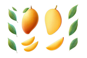 Obraz premium Two whole mangoes and slices, with mango leaves