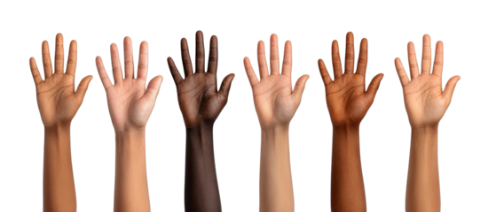 Diverse hands raised in a group, various skin tones