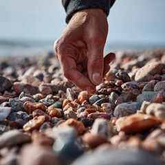 A hand gently picking up small pebbles from the beach 