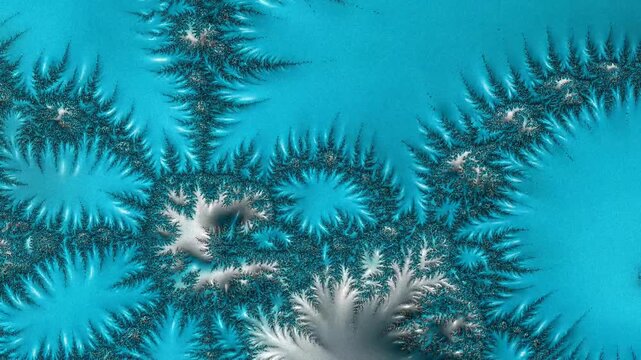 Abstract fractal animation displaying intricate turquoise and silver patterns with dynamic color shifts and evolving designs for mesmerizing visuals.