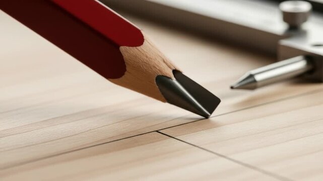 Detailed close-up of drafting pencil and dividers, meticulously marking wooden surface, precision