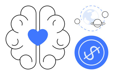 Brain with heart at center linked to planet and dollar coin themes. Highlights emotional intelligence, global thinking, financial planning, innovation, decision-making, creativity, and societal