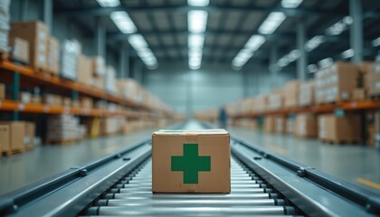 Cardboard box marked with green cross symbol moves on conveyor belt inside brightly lit warehouse. Efficient medical supply distribution process evident. Focus on logistics, storage, healthcare