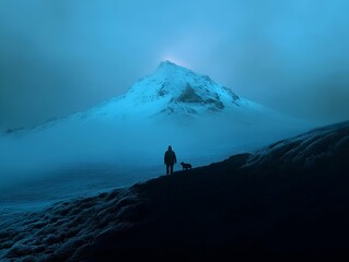 person and dog silhouetted on a snowy peak under a deep blue sky with soft fog, atmospheric scene.