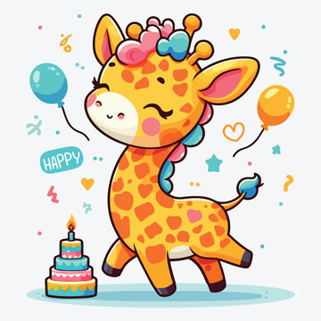 Cute giraffe calf illustration image. Use it for happy birthday invitation cards, children's book covers, banner, poster. Flat vector illustration. stock illustration