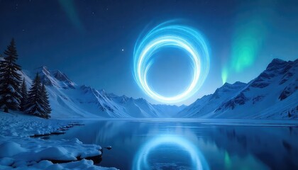 A winter landscape with mountains lake trees and a bright blue glowing circle in the night sky above the lake