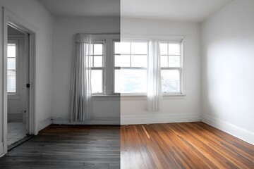 Fototapeta premium Dark wooden floor in dim light, bright wooden floor in natural light