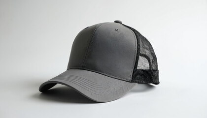 Obraz premium Gray trucker hat studio shot. Features mesh back panel for breathability. Durable synthetic fabric, adjustable strap for custom fit. Unisex style, suitable for everyday wear, sports, outdoor