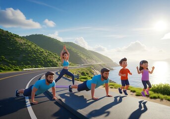 Family Outdoor Fitness and Exercise by the Sea