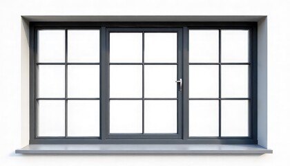 A gray framed window with a grid pattern and a window sill against a white wall in a well lit room