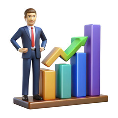 3d businessman standing next to upward trend bar chart isolated on transparent background