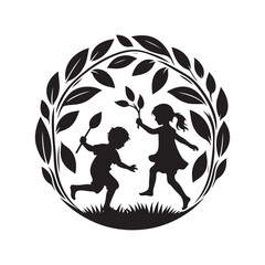 children playing with leaves vector silhouette outline logo design concept illustration