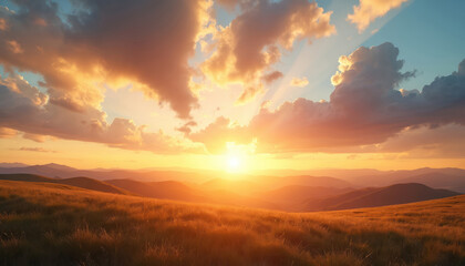 Golden sunset illuminates rolling hills with dramatic clouds and warm light. Grassy slopes catch the suns rays creating a peaceful, serene landscape perfect for nature, travel, or relaxation themes.