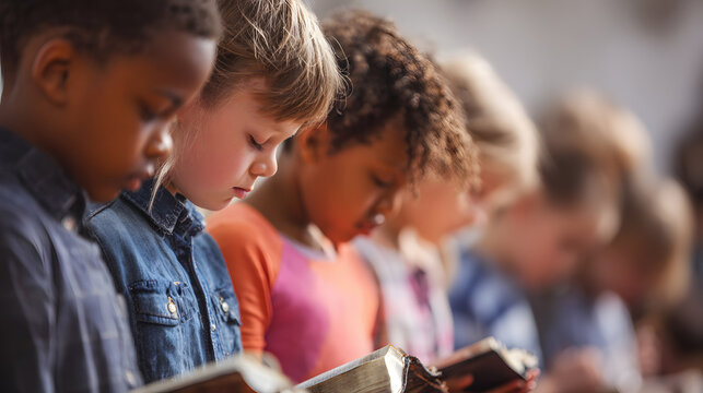 a of children in a Sunday school class, each holding a Bible and bowing their heads in prayer, Backgrounds, People, Praying, Heaven, Religion, Bible, with copy space