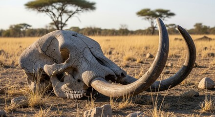 Elephant Skull With Long Curved Tusks Lying On Dry Grassland In Sunny African Savannah