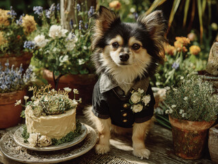 Dressed-up Dog with a Cake