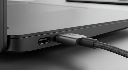 USB C cable connected to modern black laptop for data transfer or charging
