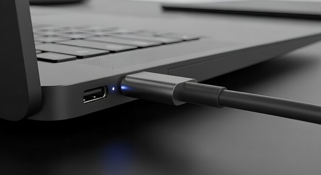 Modern laptop charging with USB-C cable technology close-up view
