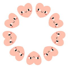 Valentines day heart circle frame. Round love themed border made of hearts. Pink and red colors happy valentine day hand drawn banner vector isolated on white background.