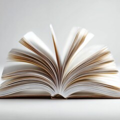 Fototapeta premium Open book with pages fanned out on a flat , showcasing detailed text and a neutral background